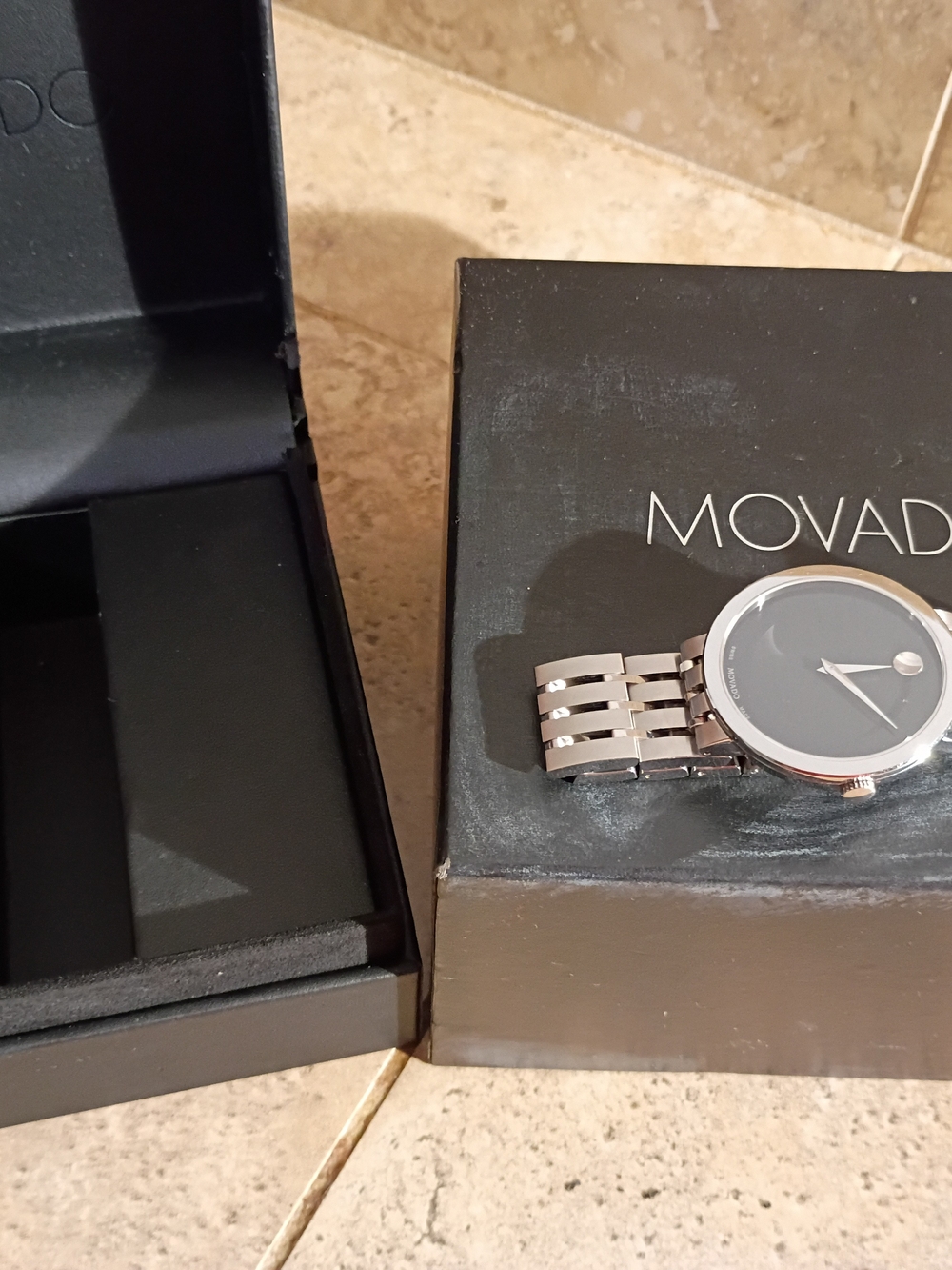 Movado Men's Silver Bracelet Watch with Black Dial